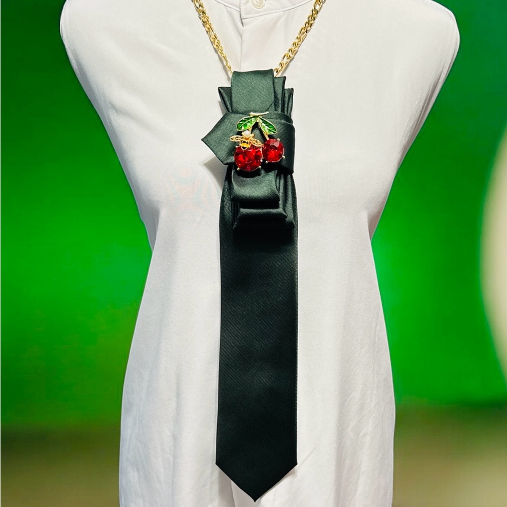 Elegant Hunter Green Necktie with Red Cherry Brooch